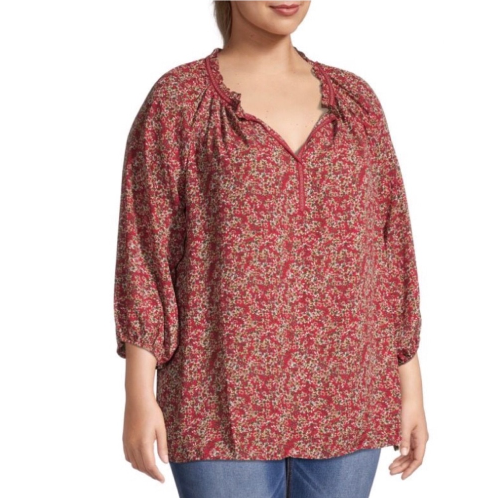 MAX STUDIO Plus Floral-Print Crepe Top Garnet 2X